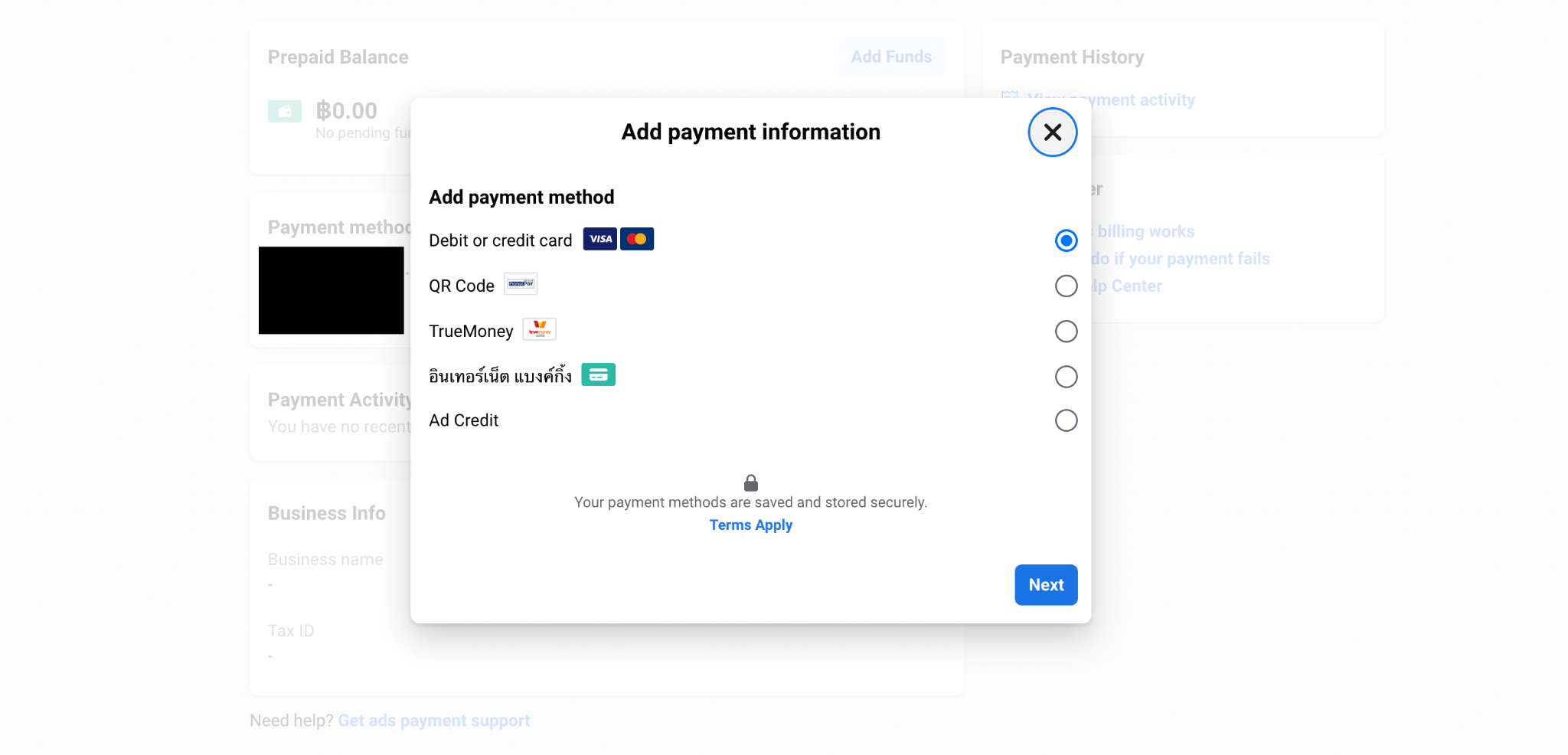 สอนยิงแอด Facebook Add payment method